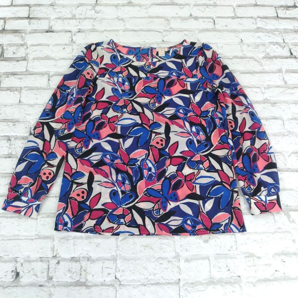 J Crew Blouse Womens XS Petite Blue Pink Floral Long Sleeve Butterfly Keyhole